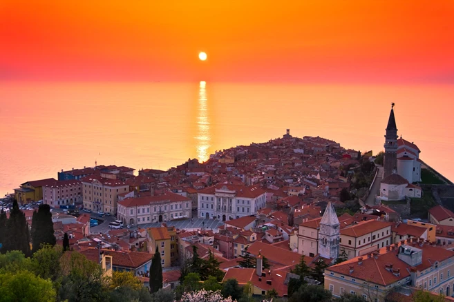 Sunset over the slovenian coastal town of Piran