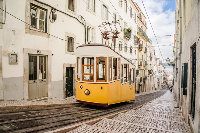 Lisbon streets featuring the view of the famous yellow tram