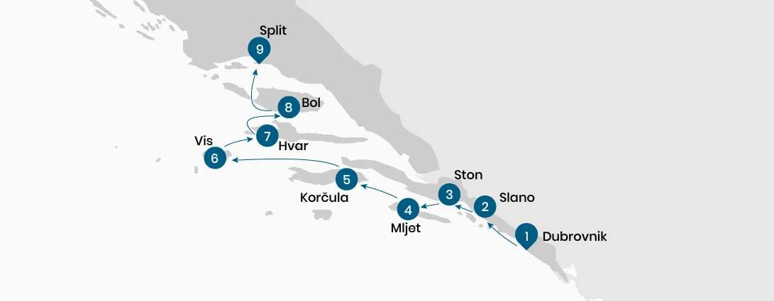 Mapa Crucero de lujo Maravillas croatas desde Dubrovnik